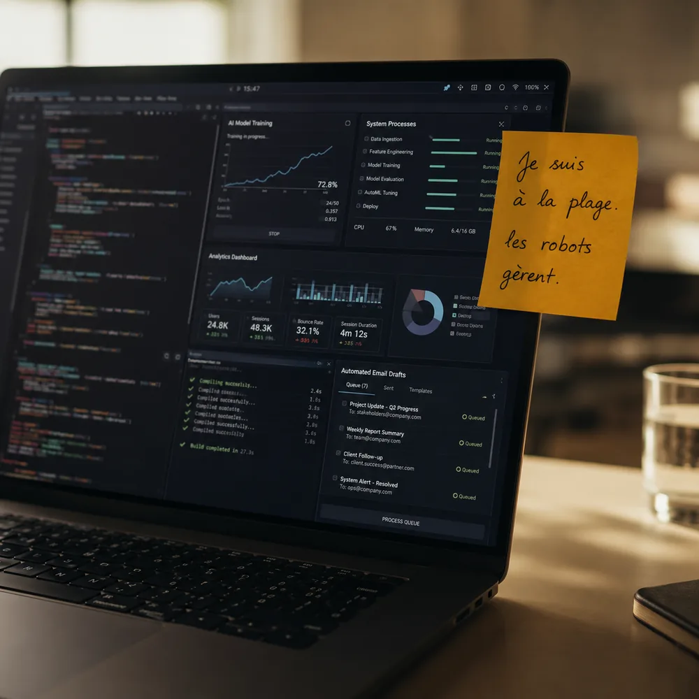 Un poste de travail allumé, laissé seul, avec un post-it manuscrit collé sur l’écran
