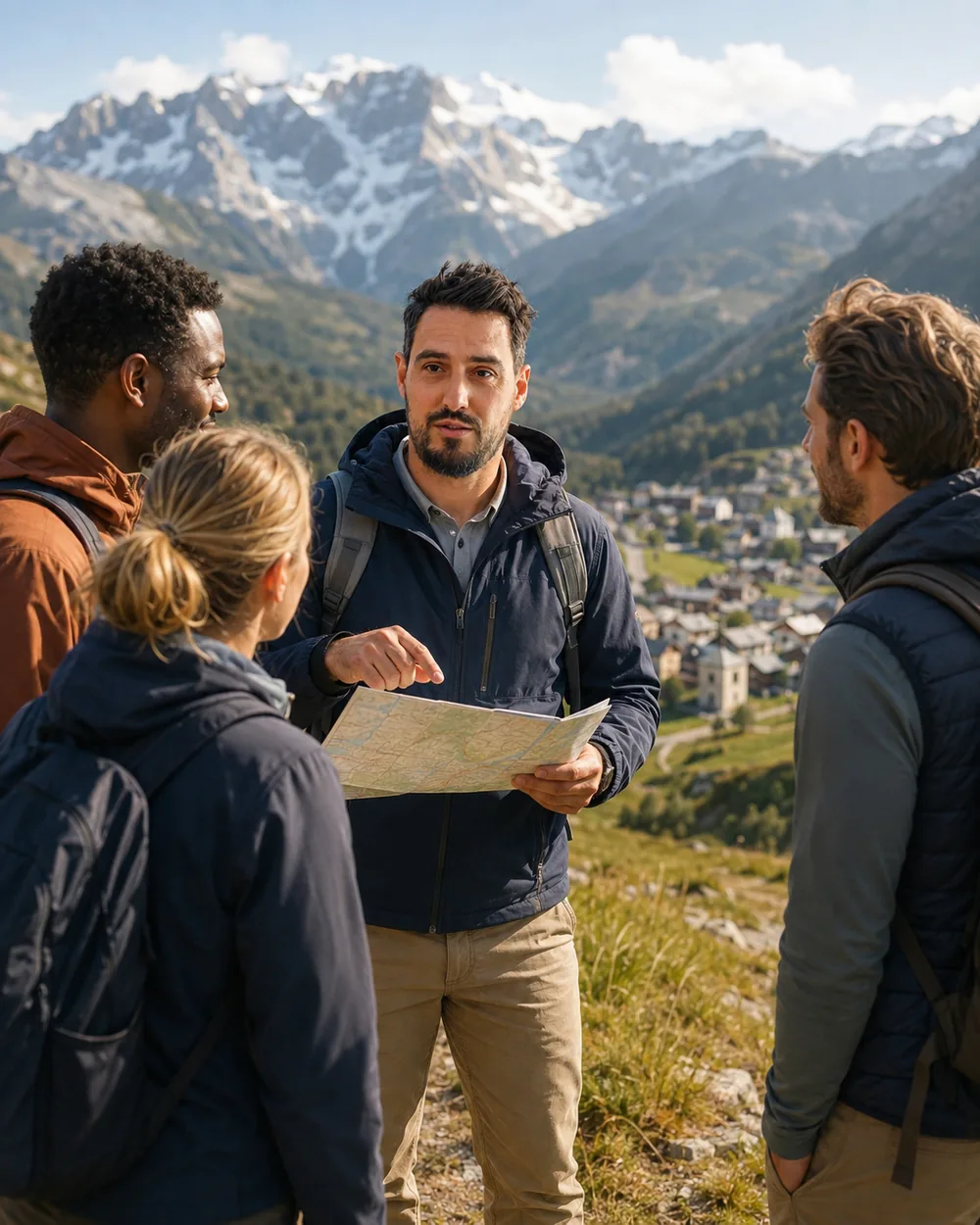 Un groupe de travail sur le terrain, autour d’une carte